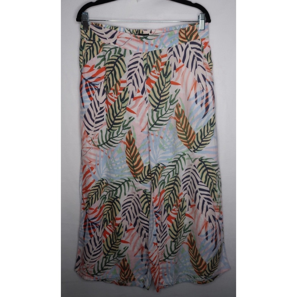 Tahari 100% Linen Tropical Leaf Print Wide Leg Cropped Palazzo Pants Women's L